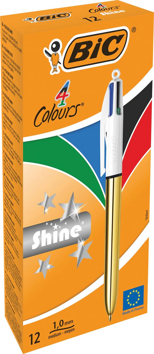 Bic 4 Colours Shine, balpen, 0,32mm, 4 klassieke inktkleuren, lichaam goud 12 stuks, OfficeTown