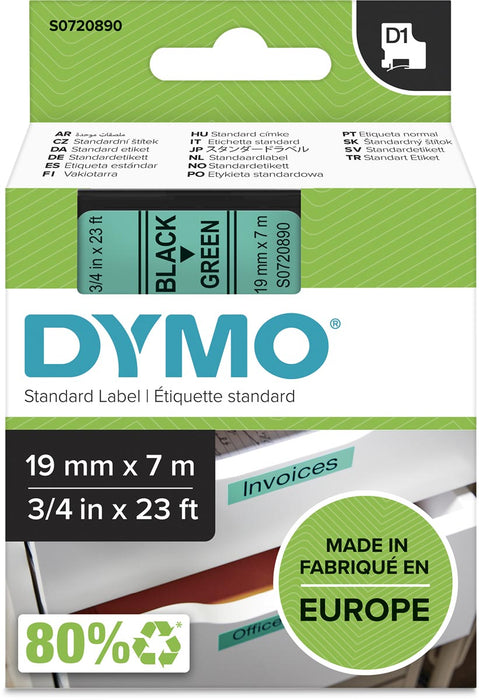 Dymo D1 tape 19 mm, zwart op groen