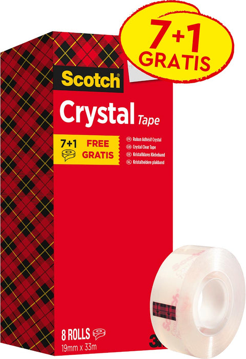 Scotch doorzichtige tape, 19 mm x 33 m, 1 x voordeelverpakking met 8 rollen waarvan 1 gratis