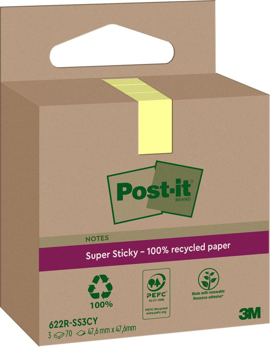Post-it Super Sticky Notes Gerecycled, 70 vel, ft 47,6 x 47,6 mm, geel, pak van 3 blokken 12 stuks