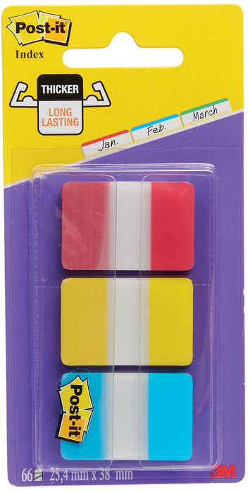 Post-it Index Sterk, 25,4 x 38 mm, set van 3 kleuren (rood, geel en blauw), 22 tabs per kleur