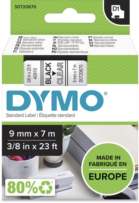 Dymo D1-tape 9 mm, zwart op transparant