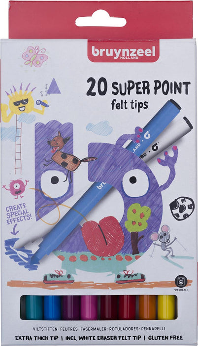 Bruynzeel Kids viltstiften Super Point, 20 stuks in diverse kleuren met dikke punt
