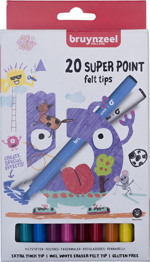 Bruynzeel Kids viltstiften Super Point, set van 20 stuks in geassorteerde kleuren 6 stuks, OfficeTown