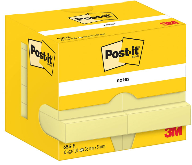 Post-It Notes, 100 gele velletjes, afmetingen 38 x 51 mm, verpakking van 12 blokken