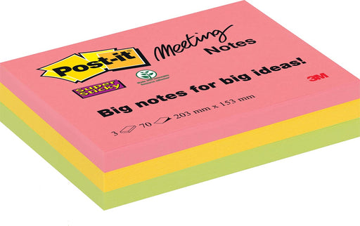Post-it Super Sticky Meeting notes, 70 vel, ft 203 x 153 mm, geassorteerde kleuren, pak van 3 blokken 6 stuks, OfficeTown