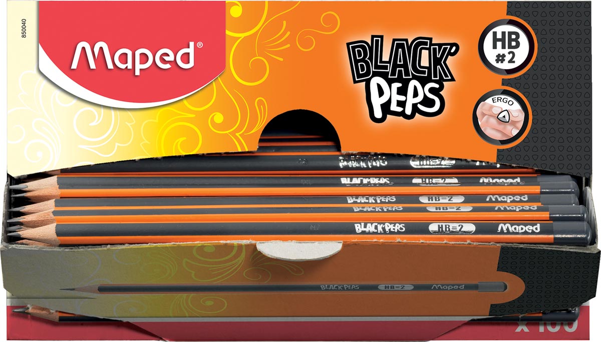 Maped potlood Black'Peps HB, zonder gum, kartonnen displaydoos van 100 stuks