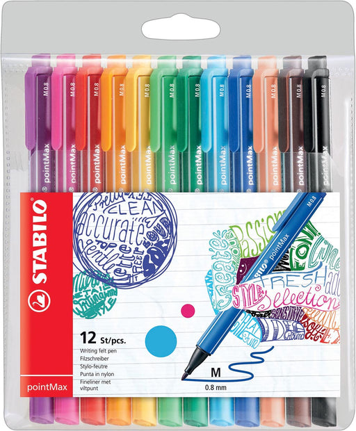 STABILO pointMax schrijfstift, 0,8 mm, etui van 12 stuks in geassorteerde kleuren 5 stuks, OfficeTown