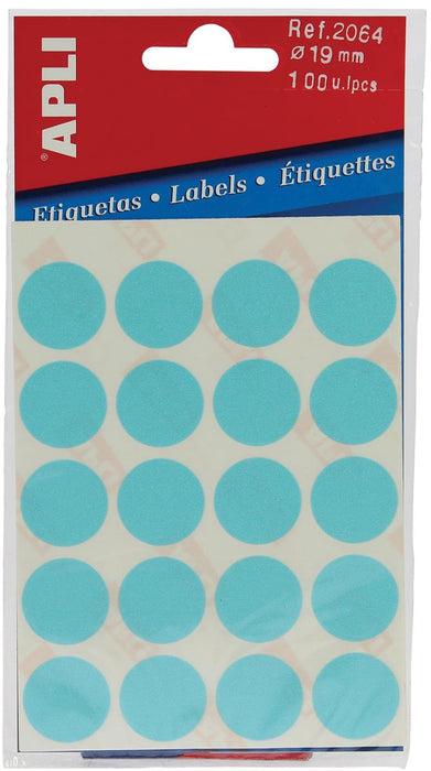 Apli ronde etiketten in hoesje 19 mm diameter, blauw, 100 stuks, 20 per vel (2064)