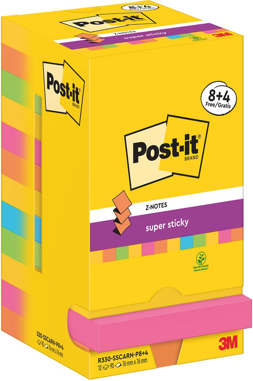 Post-It Super Sticky Z-Notes Carnival, 90 vel, ft 76 x 76 mm, 8 + 4 GRATIS 6 stuks, OfficeTown