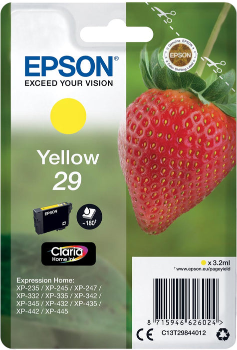 Epson inktcartridge 29, 180 pagina's, OEM C13T29844012, geel - Geschikt voor XP/235/332/335/432/435