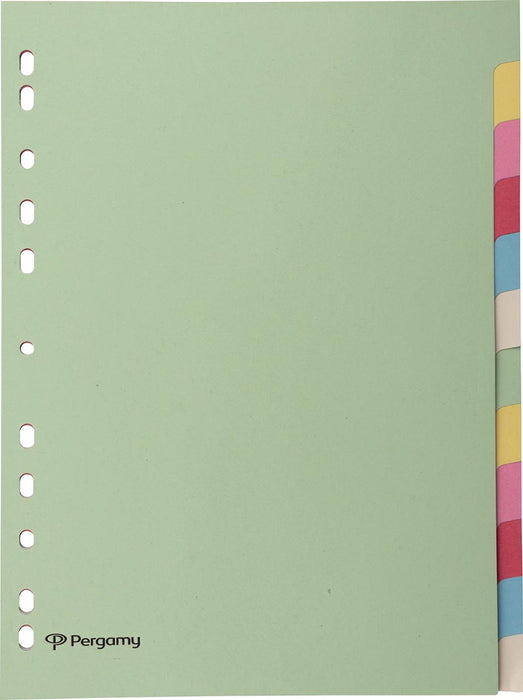 Tabbladen A4 van Pergamy, 11-gaatsperforatie, karton, geassorteerde pastelkleuren, 12 tabs