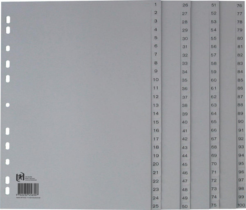 Oxford tabbladen, A4, van gekleurd PP, 11-gaatsperforatie, 100 genummerde tabs, pak van 5, grijs