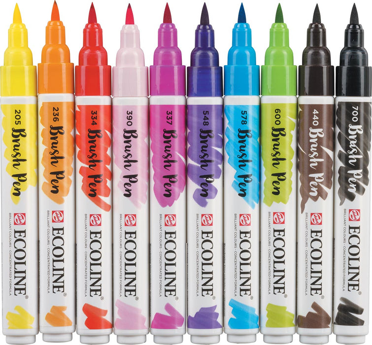 Ecoline Brush pen set, 10 stuks, heldere kleuren met ronde punt
