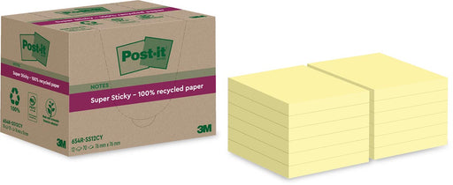 Post-it Super Sticky Notes Recycled, 70 vel, ft 76 x 76 mm, geel, pak van 12 blokken 12 stuks, OfficeTown
