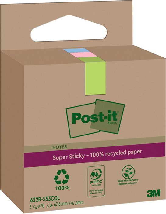 Post-it Super Sticky Notes Gerecycled, 70 vel, ft 47,6 x 47,6 mm, assorti, verpakking van 3 blokken