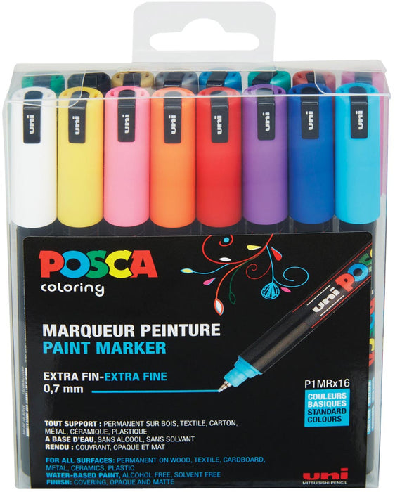 Uni-ball Verfstift op waterbasis Posca PC-1MR, doos van 16 stuks in geassorteerde kleuren