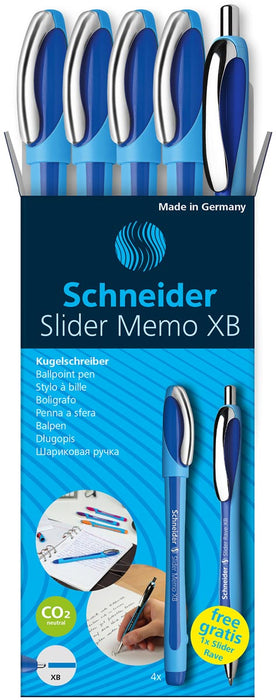 Schneider balpen Slider Memo XB blauw, 4 stuks + 1 Rave GRATIS 10 stuks