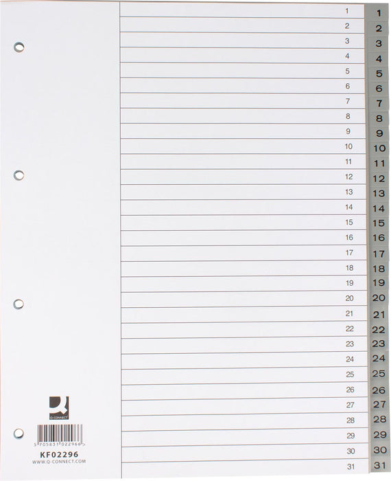 Numerieke tabbladen Q-CONNECT, A4, PP, 1-31, met indexblad, in het grijs