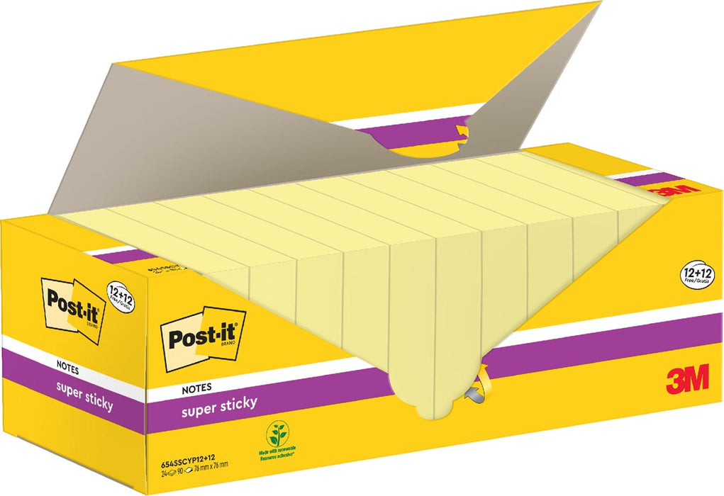 Post-it Super Sticky Notes, 90 vellen, afmetingen 76 x 76 mm, geel, bundel van 12 blokken + 12 gratis