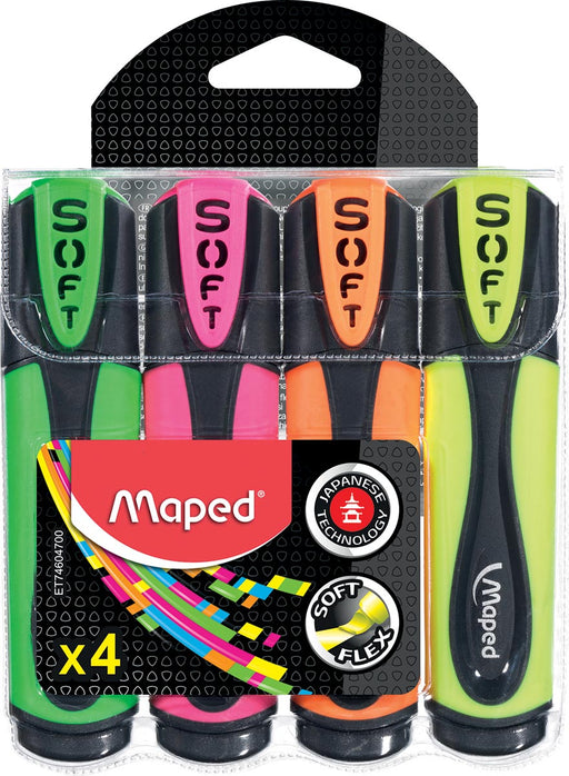 Maped Fluo'Peps markeerstift Soft, blister met 4 stuks in geassorteerde kleuren 12 stuks, OfficeTown