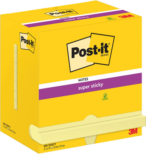 Post-It Super Sticky Notes, 90 vel, ft 76 x 127 mm, geel, pak van 12 blokken 12 stuks, OfficeTown