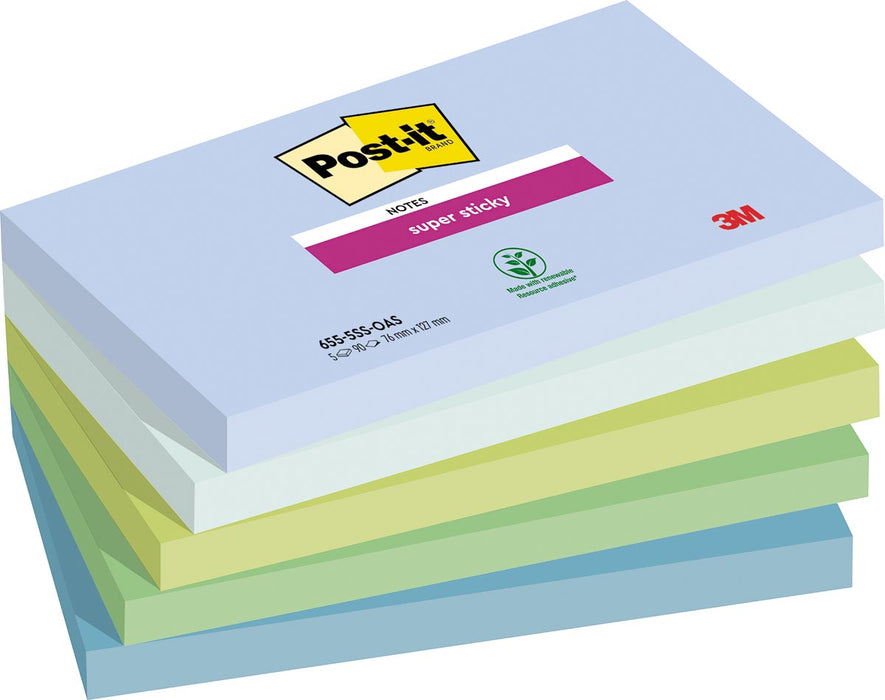 Post-it Super Sticky notes Oasis, 90 vel, ft 76 x 127 mm, geassorteerde kleuren, pak van 5 blokken