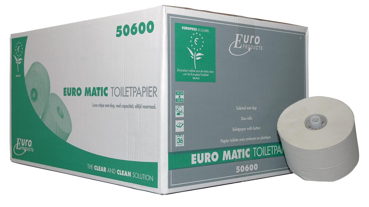 Europroducts Gerecycled Toiletpapier met Dop, 1-laags, 150 meter, Eco, Pak van 36 rollen