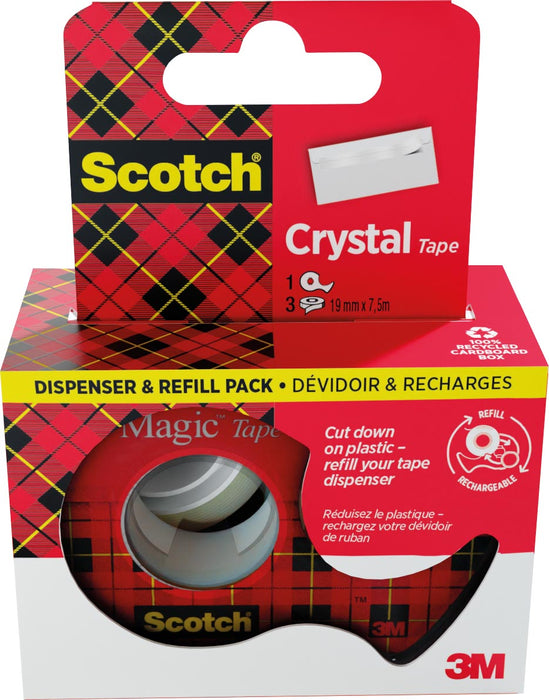 Scotch Crystal Tape plakband ft 19 mm x 7,5 m, dispenser + 3 rolletjes, ophangbaar doosje 24 stuks