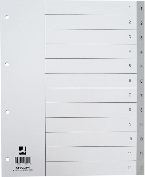 Numerieke tabbladen Q-CONNECT, A4-formaat, PP, 1-12, met indexblad, in grijs