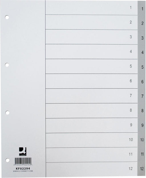 Q-CONNECT numerieke tabbladen, A4, PP, 1-12, met indexblad, grijs 25 stuks, OfficeTown