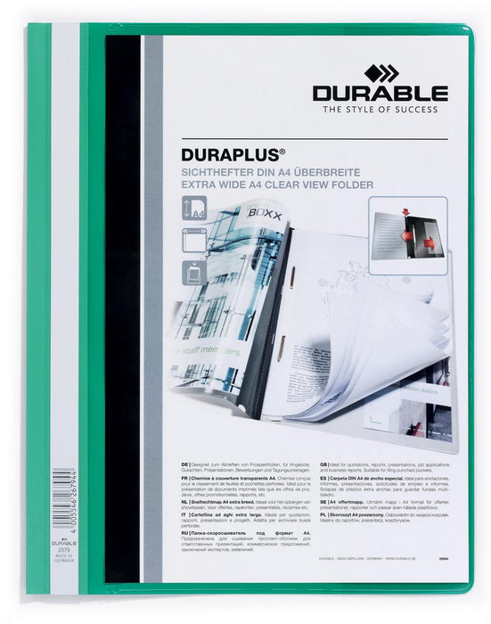 Duurzame personaliseerbare snelhechtmap Duraplus groen met transparante voorblad