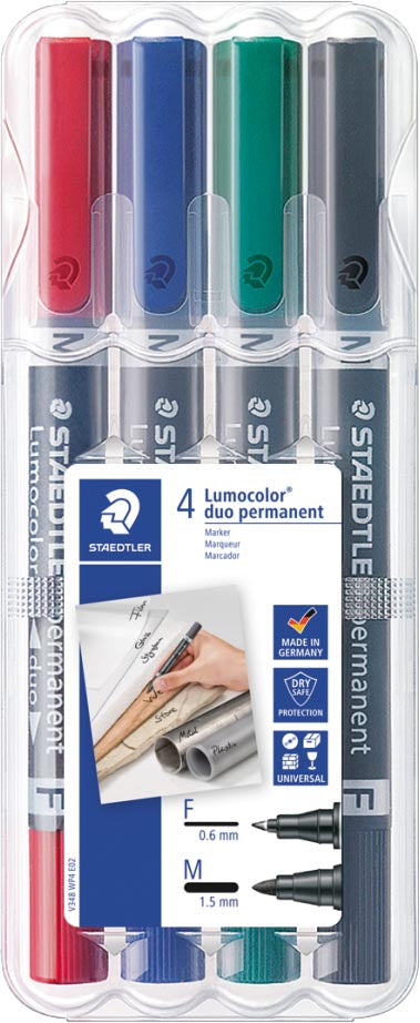 Staedtler Lumocolor Duo 348, permanent marker, doos van 4 stuks in geassorteerde kleuren 10 stuks, OfficeTown