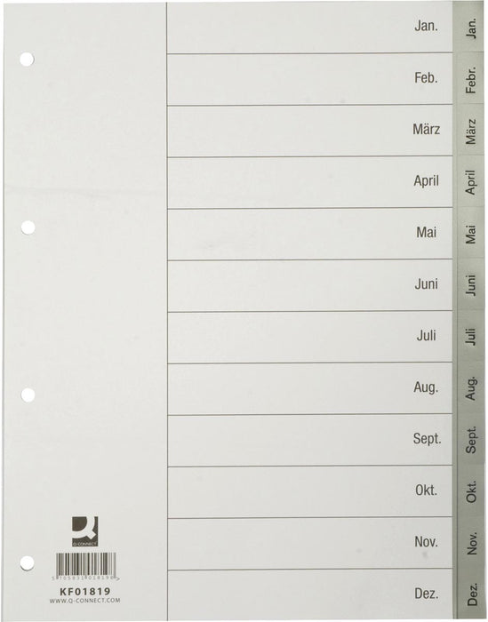 Maandelijkse tabbladen Q-CONNECT, A4, PP, met indexblad, grijs
