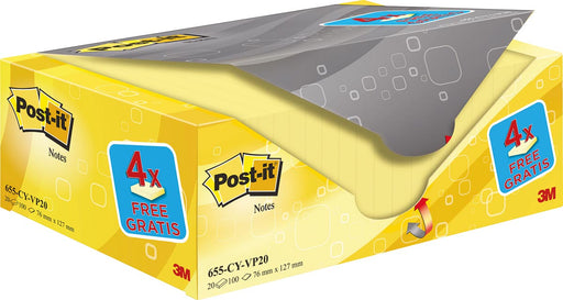 Post-it Notes, 100 vel, ft 76 x 127 mm, geel, pak van 16 blokken  + 4 gratis 10 stuks, OfficeTown