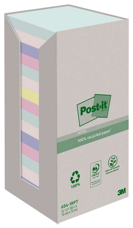 Post-it recycled notes Nature, 100 vel, ft 76 x 76 mm, pak van 16 blokken, geassorteerde kleuren 10 stuks, OfficeTown