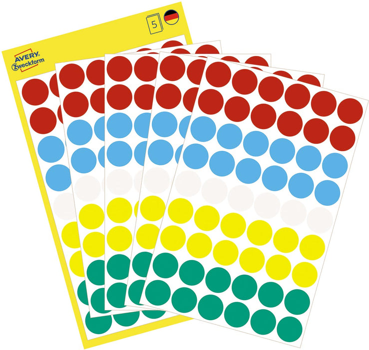 Avery Ronde etiketten, 12 mm diameter, in diverse kleuren, 270 stuks