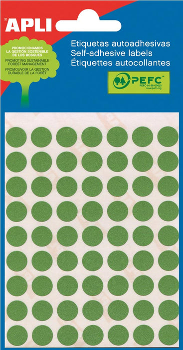 Ronde etiketten van Apli in opbergdoos, 10 mm diameter, groen, 315 stuks, 63 per blad (2054)