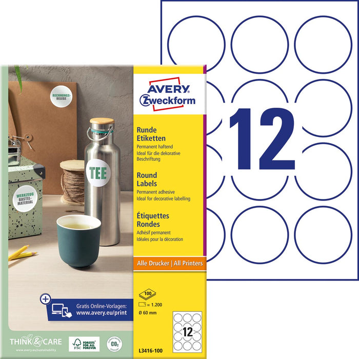 Avery Zweckform ronde etiketten, 60 mm, doos van 1.200 stuks, wit