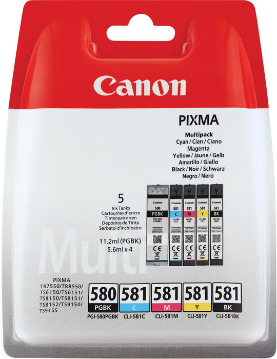 Canon inktcartridge multipack 1x PGI-580PGBK zwart + 1x CLI-581 4 kleuren, 200 - 1.660 pagina's, OEM 2078C005