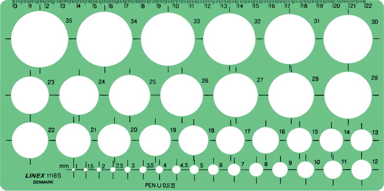 Linex cirkelsjabloon set - 1-35 mm, met 39 cirkels en millimetermarkering 10 stuks