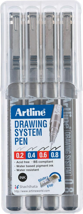 Fineliner Drawing System etui van 4 stuks: 0,2 - 0,4 - 0,6 en 0,8 mm 12 stuks, OfficeTown