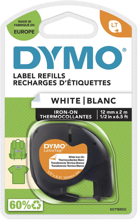 Dymo LetraTAG opstrijkbare tape 12 mm, wit - Ft 12 mm x 4 m. witte opstrijktape van plastic