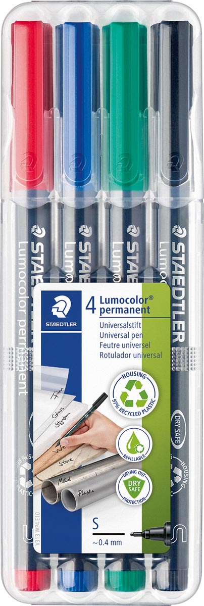 Staedtler Lumocoler 313, OHP-marker, permanent, 0,4 mm, etui van 4 stuks in geassorteerde kleuren 10 stuks, OfficeTown