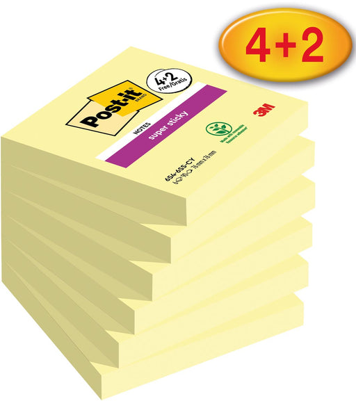 Post-it Super Sticky notes Canary Yellow, 90 vel, ft 76 x 76 mm, 4 + 2 GRATIS 12 stuks, OfficeTown