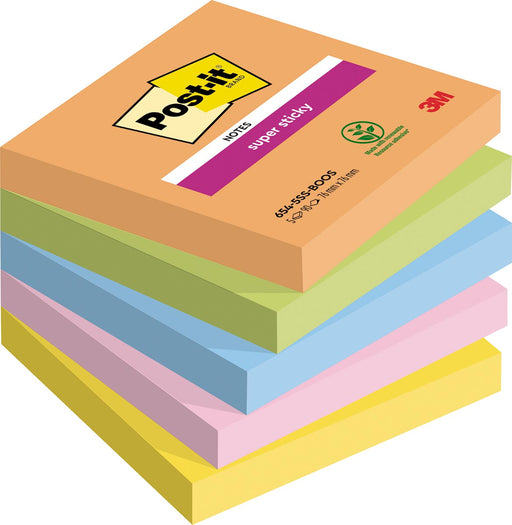 Post-it Super Sticky notes Boost, 90 vel, ft 76 x 76 mm, geassorteerde kleuren, pak van 5 blokken 12 stuks, OfficeTown
