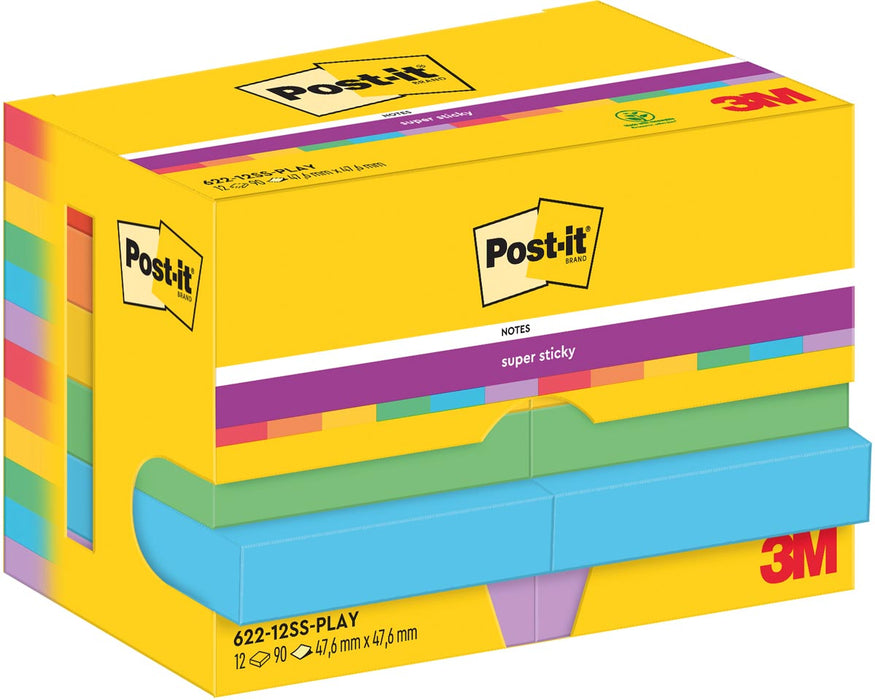 Post-It Super Sticky Notes Speels, 90 vel, afmeting 47,6 x 47,6 mm, doos van 12 blokken