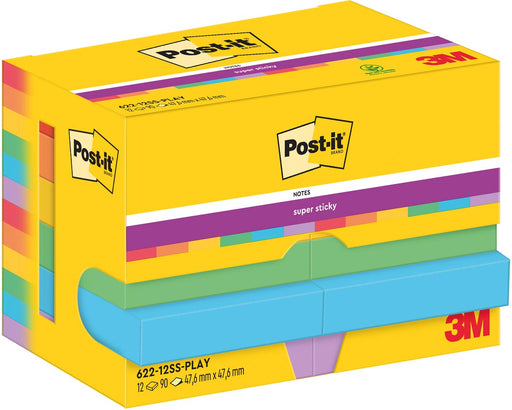 Post-It Super Sticky Notes Playful, 90 vel, ft 47,6 x 47,6 mm, pak van 12 blokken 24 stuks, OfficeTown