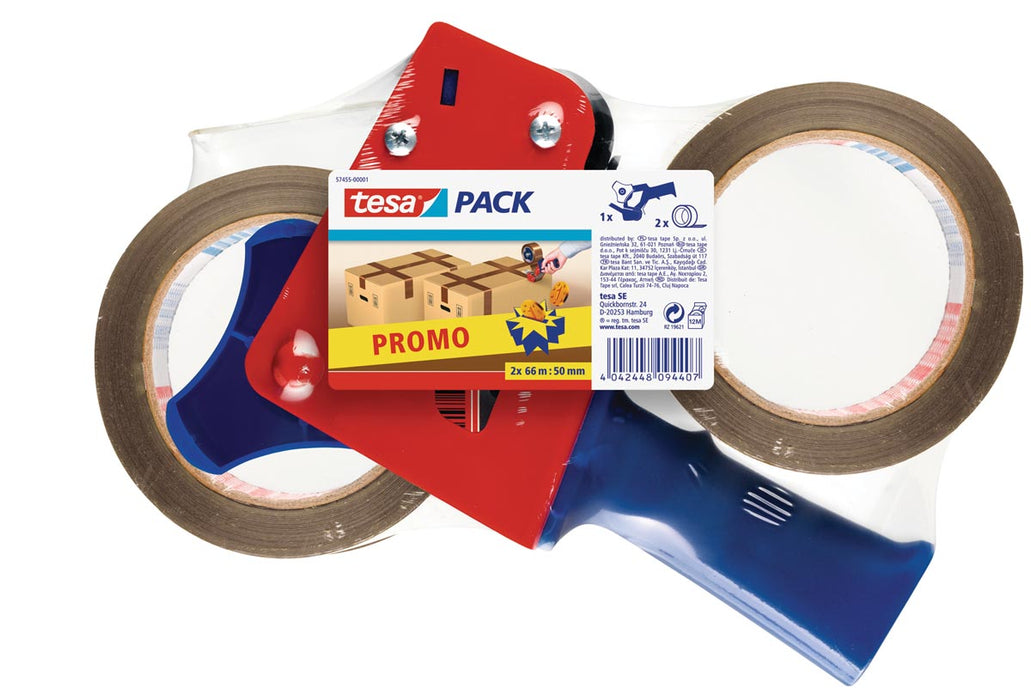 Tesa verpakkingstapemdispenser voor verpakkingsplakband van maximaal 50 mm, met 2 rollen PP-tape ft 50 mm x 66 m