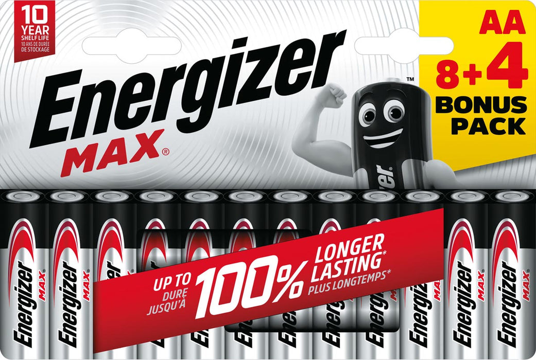 Energizer Max AA-batterijen, 8 + 4 stuks gratis in blisterverpakking